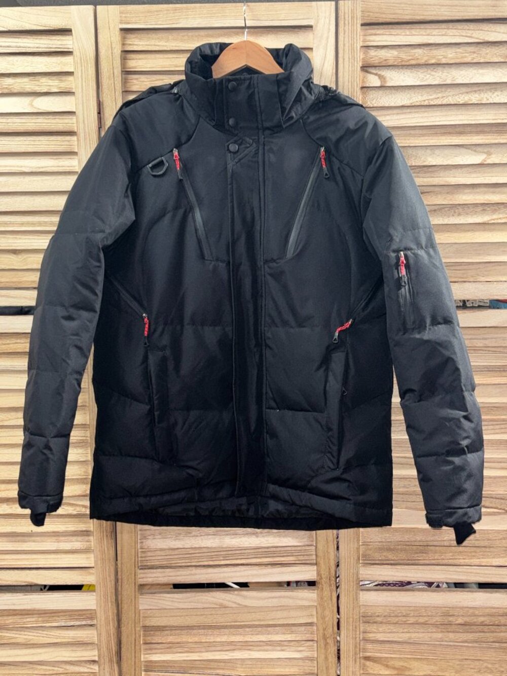 Down Fkow Black Insulated Winter Puffer Jacket Hooded Tech Ski Coat Medium